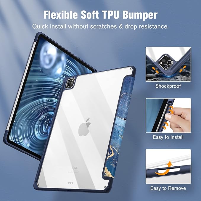Fintie Hybrid Slim Case for iPad Pro 12.9-inch 6th Generation 2022, [Built-in Pencil Holder] Shockproof Cover w/Clear Transparent Back Shell, Also Fit iPad Pro 12.9" 5th/4th/3rd Gen, Ocean Marble
