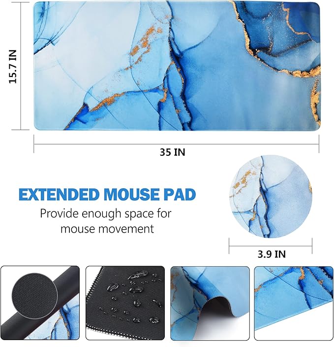 AIMSA Extended Gaming Mouse Pad, XL Large Keyboard Mouse Mat Desk Pad with Stitched Edges, Durable Non-Slip Base Mousepad for Home Office Work, 35x15.7inch,Blue Marble