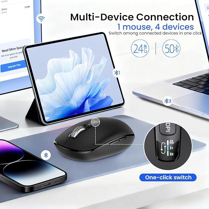 Wireless Bluetooth Mouse,USB+BT×2,Multi Device Ergo Full Size Mouses-big Hand,Metal 4-Way Super Scrolling,± 3000 DPI,10 Buttons,Plug&Play,Quiet,w/ 2 Batteries,Mice for Laptop,Computer,Tablet,Mac,iPad