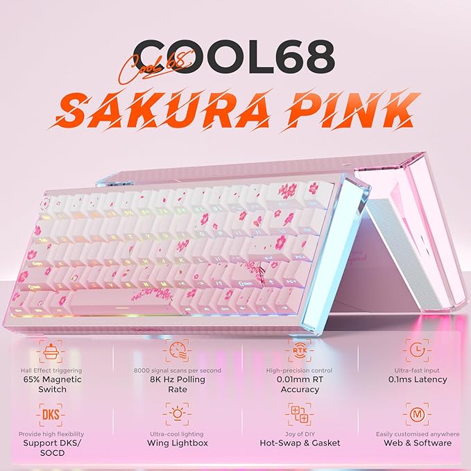 DAREU COOL68 60% Sakura Pink Wired Gaming Keyboard, Rapid Trigger Magnetic Switch Keyboard with 8000Hz Polling Rate, Adjustable Actuation, 0.1ms Latency, SOCD, Gasket Mount, Hot swappable, RGB Light