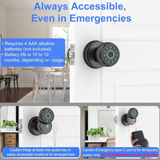 BIWIBON 5-in-1 Smart Door Knob, Fingerprint Door Knob with App Control, Smart Fingerprint Door Lock,Auto Lock, Ideal for Home, Bedroom, Office, Black