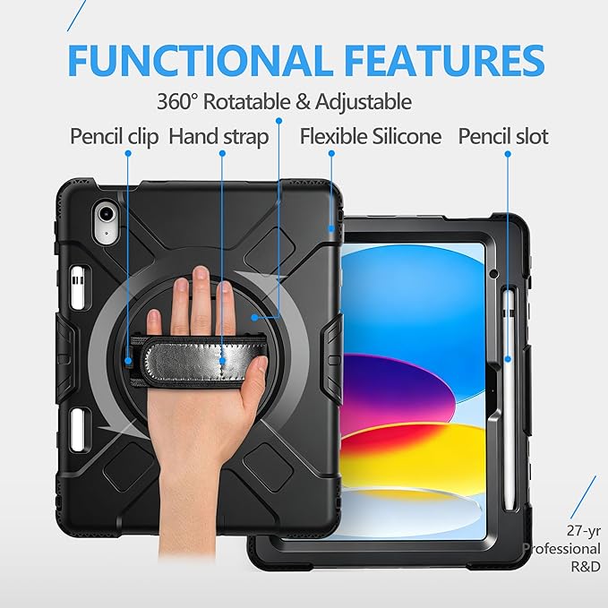 Case for iPad (A16) 11th/10th Generation Case: Protective Cover for iPad 11th Gen 11 Inch 2025 &10th Gen 10.9" 2022 with Screen Protector- Stand- Shoulder Strap- Handle- Pencil Holder