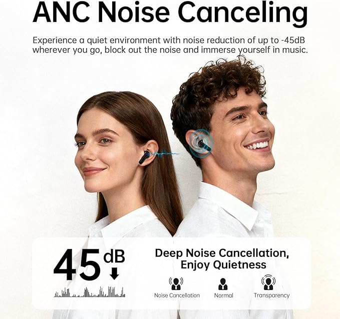 Adaptive Hybrid Active Noise Canceling 2026 Wireless Earbuds, 6 Mics ENC Clear Call Ear Buds, Hi-Res Audio Deep Bass Bluetooth 5.4 Headphones, 40H Playtime, Wireless Charging, LED, USB-C, Black