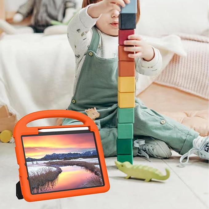 Kids Case for iPad Pro 11" M5 2025/M4 2024 & iPad Air 11" M3 2025/M2 2024, Techcircle Child Shock Proof EVA Protective [Support Pencil Charging] Handle Stand Cover, Orange