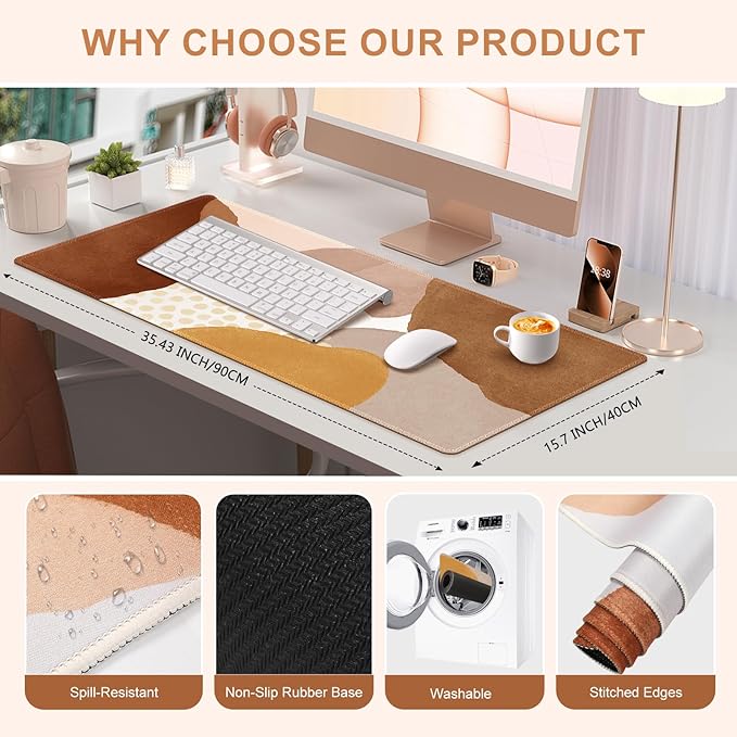 HAOCOO Desk Matt for Desktop, Computer Desk Pad Mat, Large Mouse Pad for Desk, XXL Gaming Mousepad with Non-Slip Base, Waterproof Laptop Keyboard Mat for Office Women, Orange Brown Boho