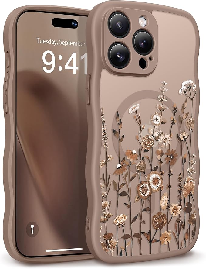 GVIEWIN for iPhone 15 Pro Case Compatible with MagSafe [Curly Wave Edge][Full Camera Protection] Floral Translucent Shockproof Magnetic Women Phone Case for iPhone 15 Pro 6.1'', Floratopia/Brown