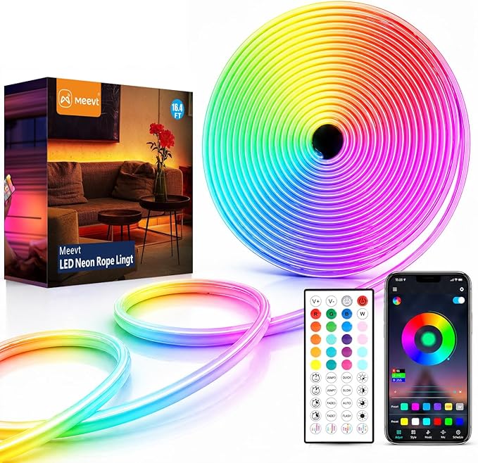 Neon Rope Lights - 16.4Ft Flexible LED Rope Lights,24V RGB Rope Lights Control with App/Remote Multiple Modes,DIY Design, IP65 Waterproof Strip Lights for Bedroom Room Outdoors Decor