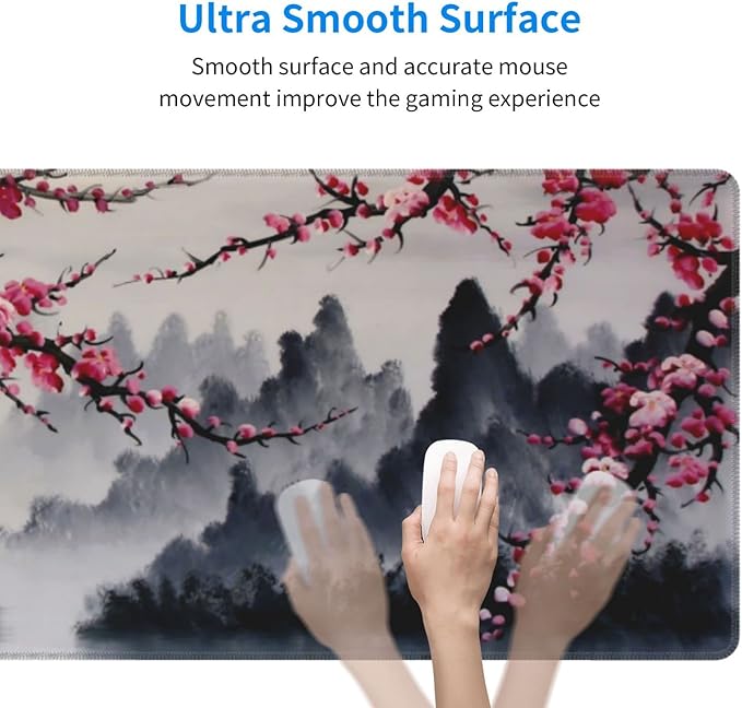 Japanese Sakura Watercolor Painting Extended Mouse Pad 31.5x11.8 Inch Cherry Blossom Flower Non-Slip Rubber Base Mousepad Stitched Edges Keyboard Mouse Mat with Stitched Edges for Gaming and Office