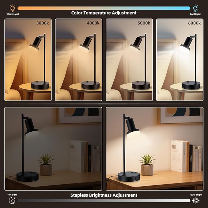 Industrial Table Lamp with Remote Control for Stepless Dimmer & Temperatures, Bedside Lamp with USB C+A Ports and AC Outlet, Flexible Head-Desk Lamp for Bedroom, Living Room, Office (Black)