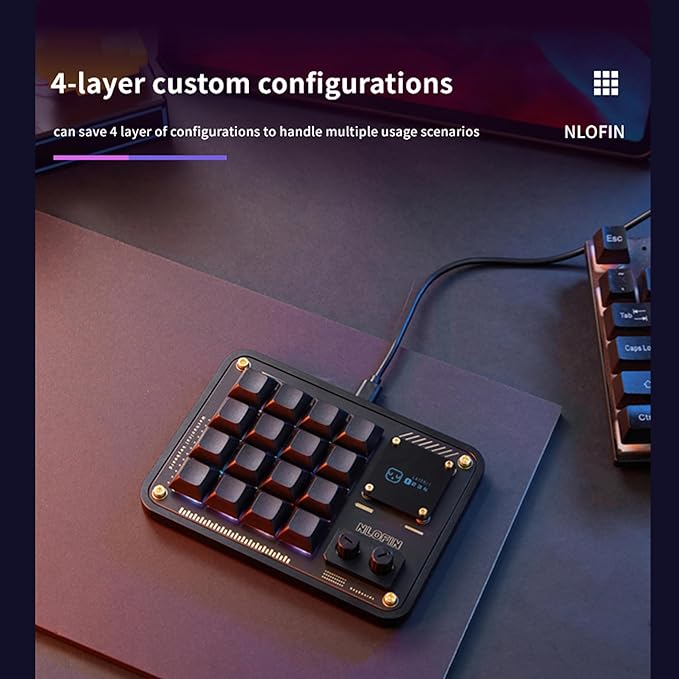 Double Knob Custom Macro Pad Programmable Designer Mini Keyboard 16 Keys with Screen (Grey,KB16)