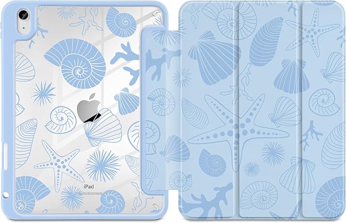 Case for iPad Air 13 inch 2026 M4 2025 M3 2024 M2 Release Slim Lightweight Shockproof Cute Blue Cover with Clear Back TPU Edge Pencil Holder Trifold Stand Auto Wake Sleep, Starfish and Shells