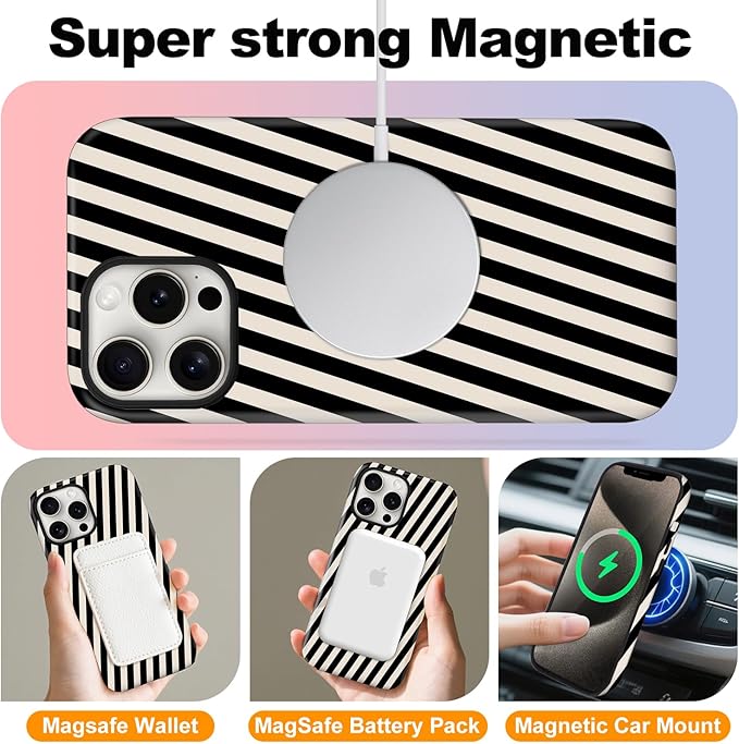 Magnetic for iPhone 15 Pro Case Cute Diagonal Stripes Phone Case, Shockproof Slim TPU and Hard PC Protective Phone Cover Compatible with MagSafe Designed for Women Girls,Black and White