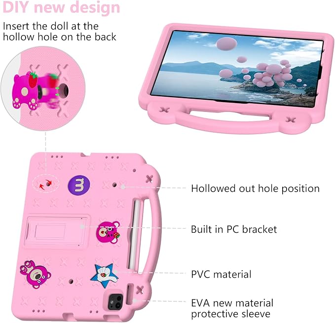 Cute Kids Case for Apple iPad Air 13" M4 M3 M2 2026 2025 2024/ iPad Pro 13 2025 2024/ Pro 12.9 2022/2021/2020/2018, DIY Figures Kickstand EVA Handle Case with Shoulder Strap Shockproof Cover,Pink