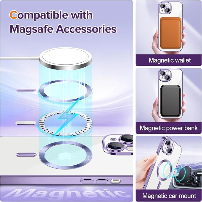 Hython Magnetic Clear for iPhone 15 Plus Case with Camera Lens Protector [Compatible with MagSafe] Luxury Plating Edge Slim Soft TPU Cover Protective Phone Case for iPhone 15 Plus 6.7", Light Purple