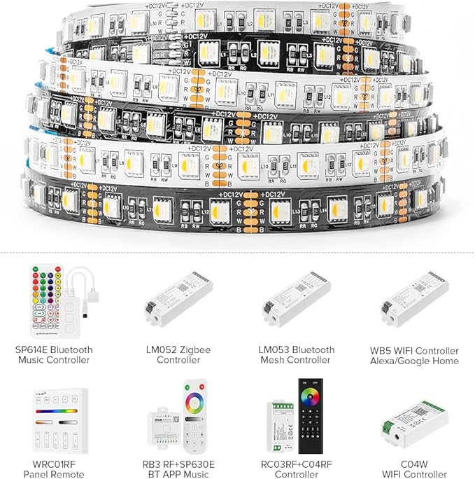 BTF-LIGHTING RGBW LED Strip Lights,UL Listed,5050 4 Colors in 1 RGB + 6000K-7000K Cool White,24V DC,16.4ft/5m 60LEDs/m 12mm Black PCB, IP30 for Home Decoration(No Adapter or Controller)