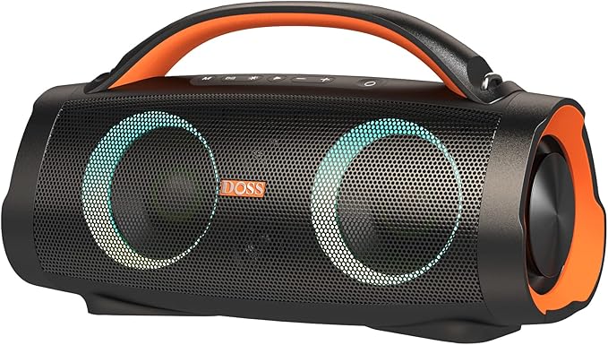 DOSS Extreme Boom Pro 100W Loud Outdoor Speaker, 2+2 Channel, IPX6 Waterproof, Bluetooth 5.3, 20H Playtime, Dynamic RGB Lights, Portable Speaker for Camping, Beach, Pool, Working Outside - Orange