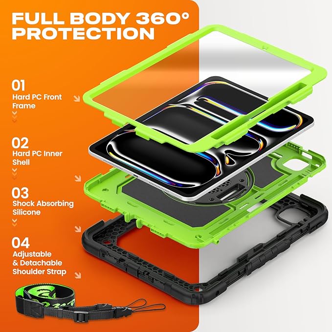 SEYMAC stock Case for iPad Pro 11-inch M5-M4 2025-2024, Shockproof Heavy Duty Case with Screen Protector, Pencil Holder, Rotating Stand, Hand Strap, Shoulder Strap, Green