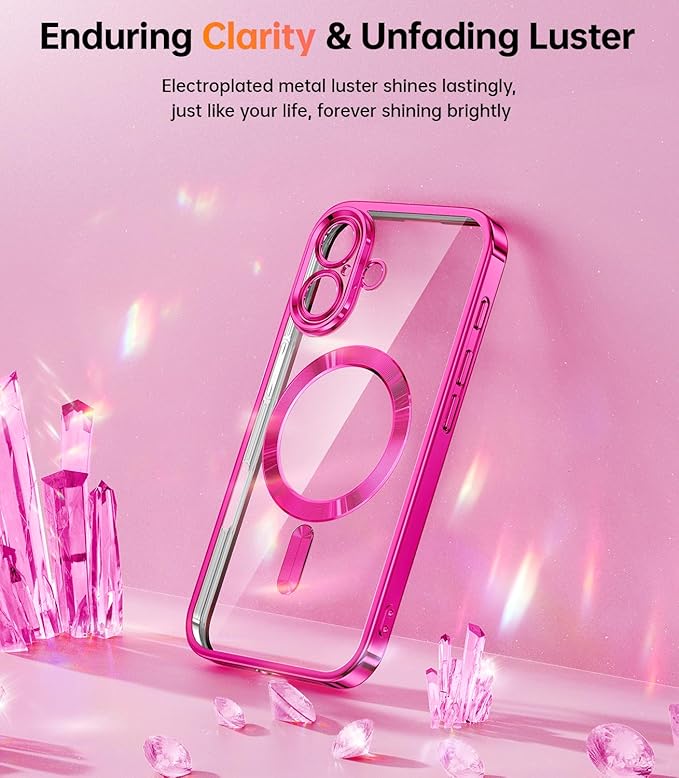 Meifigno Designed for iPhone 16 Plus Case 6.7’’, [Compatible with MagSafe] [1X HD+1X Privacy Screen Protectors] [Glitter Card & Wrist Strap] Surround Lens Protection for iPhone 16 Plus Case, Hot Pink