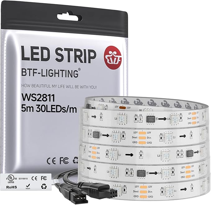BTF-LIGHTING UL Listed WS2811 IC=RGB+IC Addressable Color RGB LED Strip,16.4FT 30LED/m 10Pixels/m,IP67 White PCB Flexible DC12V Chasing Effect for Indoor Home Decor(No Adapter or Controller)