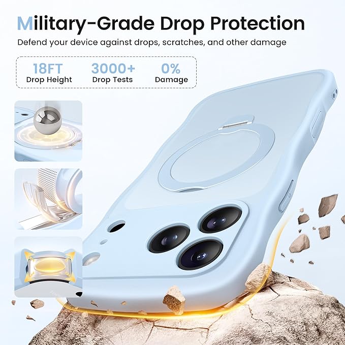 CAPRARO for iPhone 17 Pro Max Case with 360° Spin Magnetic Stand for Women, [Compatible with MagSafe] [Full Camera Protection] Cute Wave Translucent Matte Case for iPhone 17 Pro Max, Light Blue