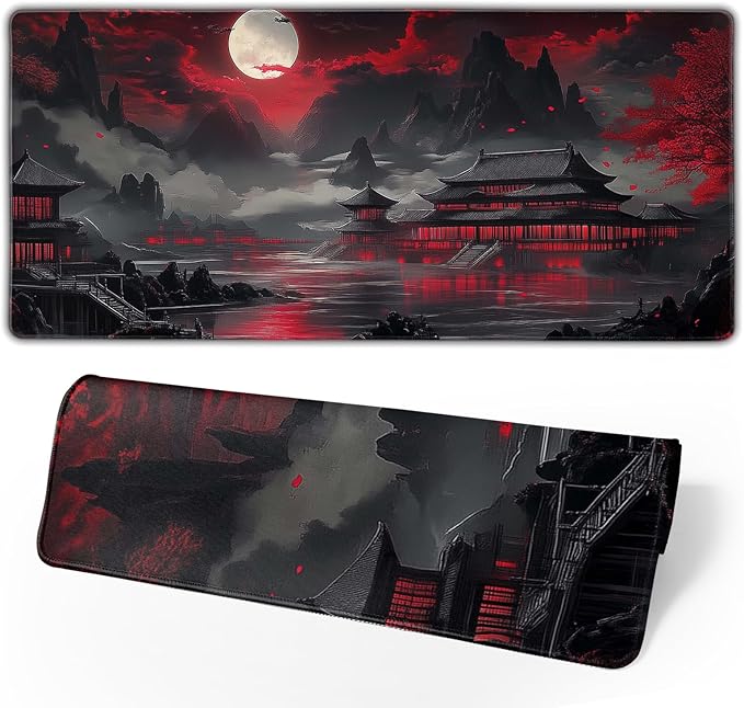 Riverside Full Moon Desk Mat Japanese Desk Pad Black Red Large Mouse Pad Gaming Mousepad 31.5"x11.8" Extended XXL Keyboard Pad Japanese Laptop Pc Computer Mouse Keyboard Mat for Home Office Work Game