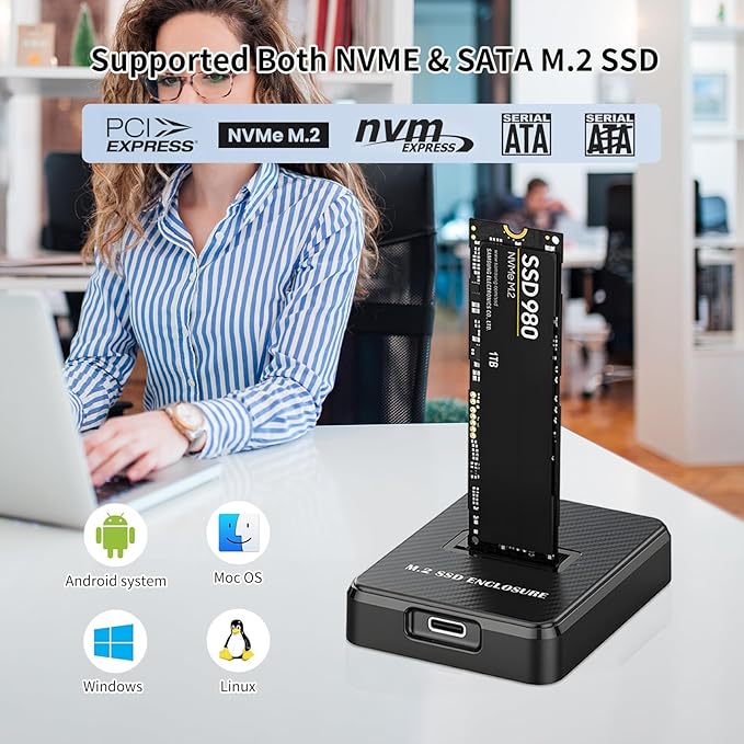 M.2 NVME SATA SSD Enclosure Adapter, 10Gbps USB 3.2 Gen 2 USB C External, Aluminium Alloy Housing, Supports M.2 (M Key) NVMe & (B+M Key) SATA SSDs, Plug and Play External Storage Solution