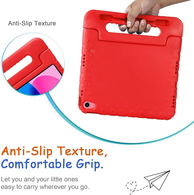Kids Case for iPad 10th Generation (2022), iPad 11" A16 2025 Case with Pencil Holder, Techcircle Handle Stand Lightweight EVA Foam Bumper Protective Rugged Drop Protection Child Proof Cover, Red