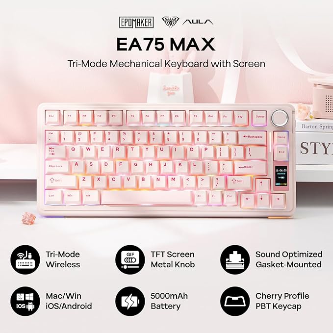 EPOMAKER X Aula EA75 MAX Wireless Gaming Keyboard with Screen & Knob, 5000mAh, Hot-Swap, Lubed Switches, RGB Backlit, Creamy Gasket, 75% Mechanical Keyboard (Pink, Reaper Switch)