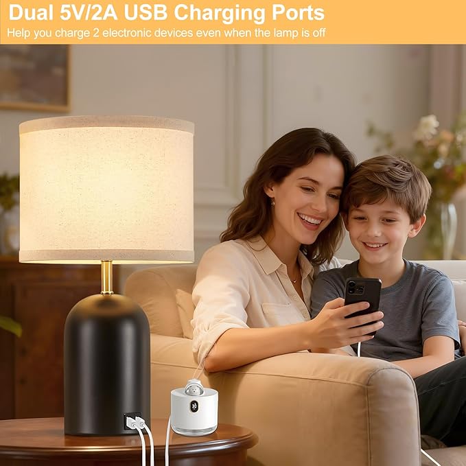 GyroVu Touch Control Table Lamps Set of 2, Modern Bedside Lamp with 2 USB Ports, Dimmable Gold and Black Nightstand Lamp with Fabric Shade for Living Room Bedroom Office Dorm(LED Bulbs Included)