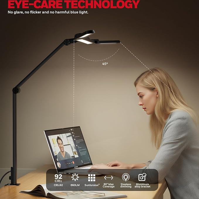 Honeywell Wide Desk Lamp with Clamp for Dual Monitors, 22W Full-Spectrum Eye-Caring LED Desk Lamp for Home Office, 3-Section Adjustable Architect Light for Large Desk, Stepless Dimming, 3000K-5700K