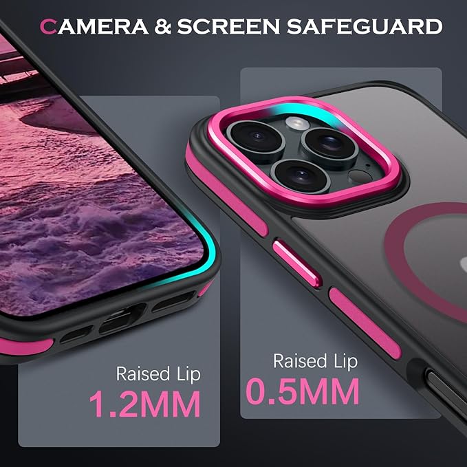 YINLAI Case for iPhone 16 Pro 6.3-Inch, iPhone 16 Pro Phone Case Magnetic [Compatible with Magsafe] Slim Translucent Matte Men Women Girls Shockproof Protective Back Cover, Black/Hot Pink
