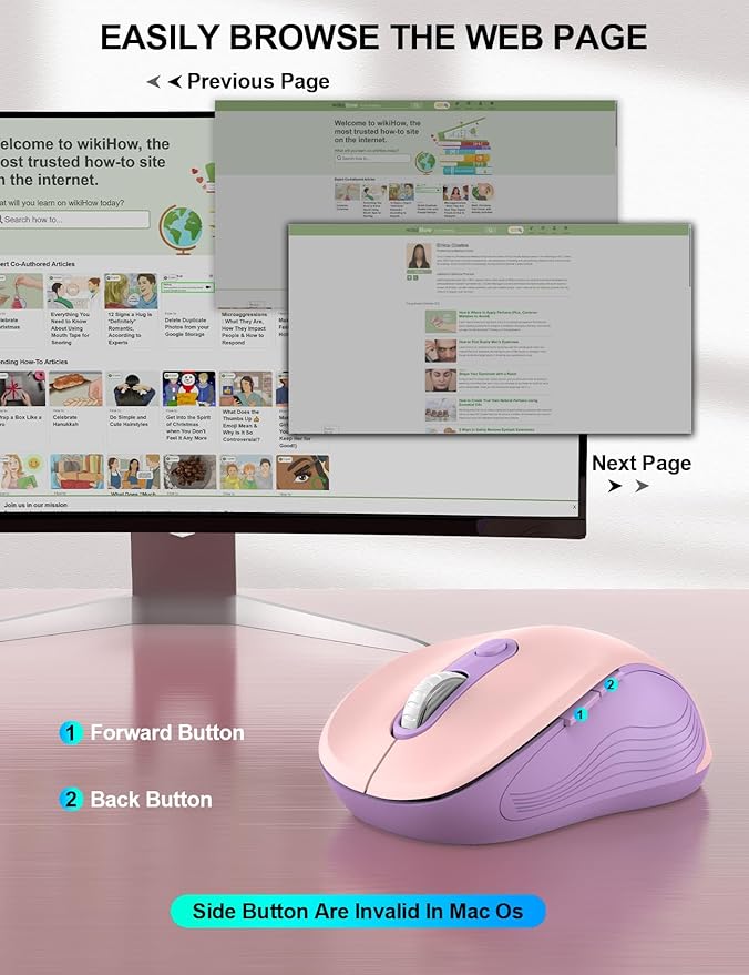 Trueque Wireless Mouse for Laptop, 2.4GHz Ergonomic Computer Mouse with Back & Forward Buttons, 3 Adjustable DPI Levels, 6 Buttons, Optical USB Cordless Mice for Windows PC, M01 (Pink Purple)