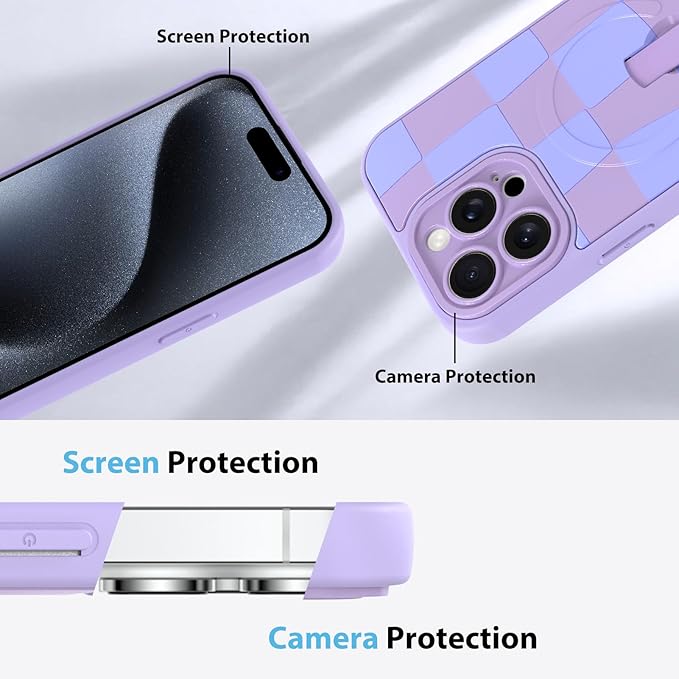 KANGHAR Compatible with iPhone 15 Pro Case, Support for MagSafe, Silicone Checkered Cute Pattern, Wristband Kickstand Camera Protection Soft Slim Cover for Girls Women -Purple