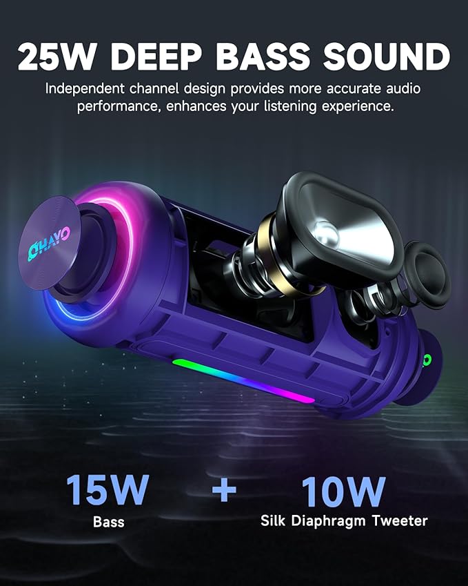 OHAYO Bluetooth Speaker, Portable Wireless, IPX7 Waterproof, Powerful 25W Sound, 24H Playtime, Dual Pairing, Active Bass, Colorful Lights, Bluetooth 5.3, Outdoor Speakers for Home/Party/Beach, Purple