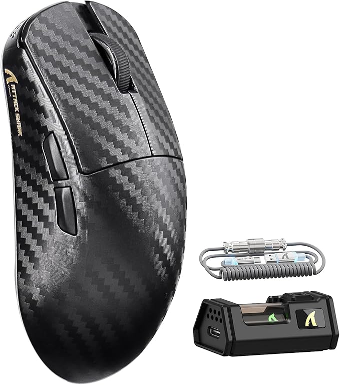 ATTACK SHARK R11 Ultra 8K Carbon Fiber Wireless Gaming Mouse with 42000 DPI-PAW3950 MAX Sensor-49g Lightweight,Nordic 52840 MCU Chip,Wired/BT/2.4Ghz Programmable,RGB Coiled Cable for PC(Black Wave)