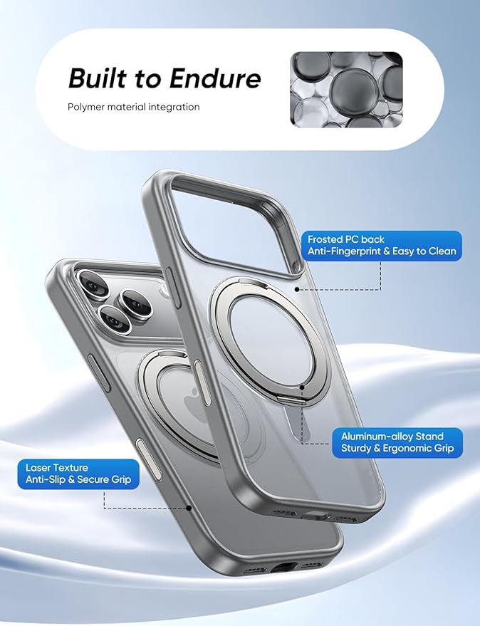 MAGIC JOHN 360° Rotatable Magnetic Invisible Stand for iPhone 17 Pro Max Case [Camera Control Button] [Compatible with MagSafe] 16FT Shockproof for iPhone 17 Pro Max Case with Kickstand, Gray