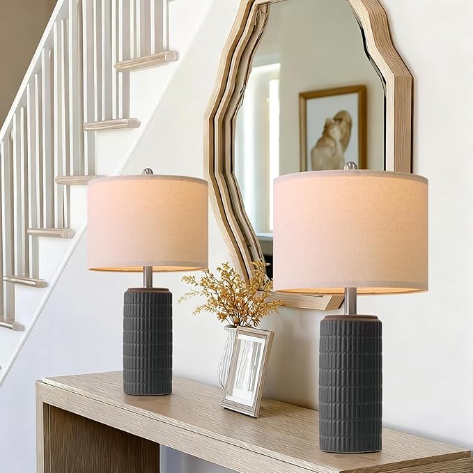 PoKat 23" Matte-Textured Ceramic Table Lamps Set of 2 for Bedroom, Stone-Like Modern Bedside Lamps for Night Stands, Farmhouse Nightstand Table Lamps Decor for Living Room End Table Black