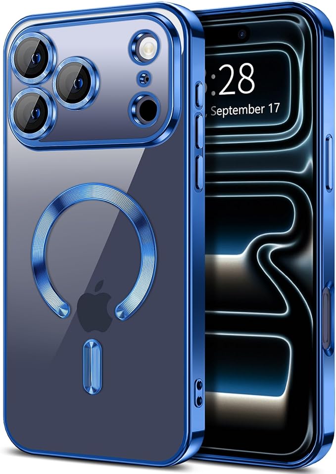 Hython Magnetic Clear for iPhone 17 Pro Max Case with Camera Lens Protector [Compatible with MagSafe] Plating Edge Slim Soft TPU Cover Protective Phone Case for iPhone 17 Pro Max 6.9", Deep Blue