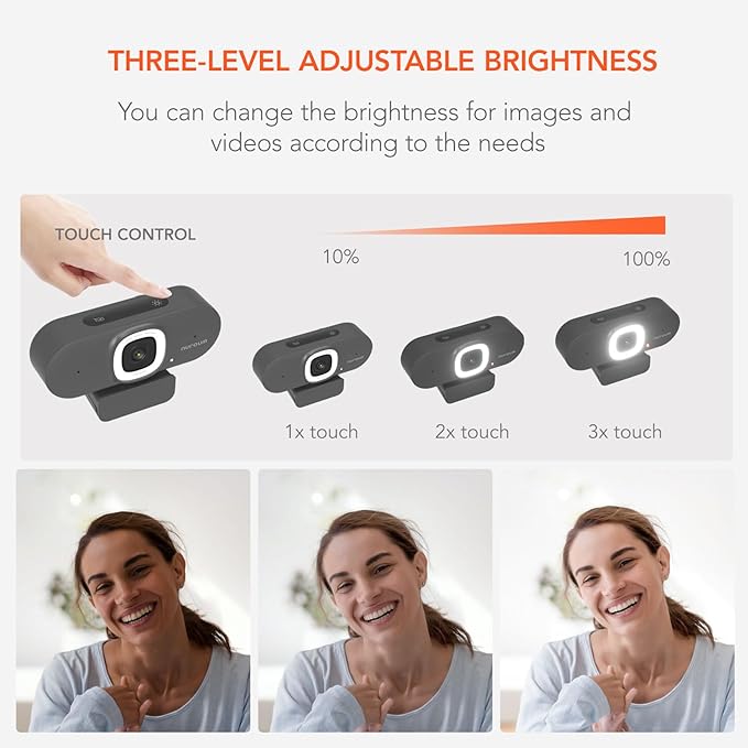 NUROUM V15-AFL Streaming Webcam with Ring Light, Autofocus Webcam for PC w/Dual Mic, 1080P 60fps, 75° FOV&Light Correction, USB Web Camera Plug&Play for Zoom/Teams/OBS/Xsplit, Streaming, Grey