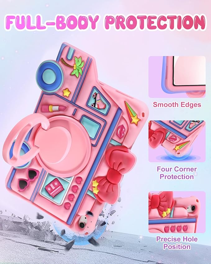for iPad 10th Generation Case 10.9 Inch 2022, for iPad A16 Case 11th Generation - for Girls Cute Girly Kawaii 3D Cartoon Design with Rotating Stand & Strap Silicone Cover for Apple 10th/11th