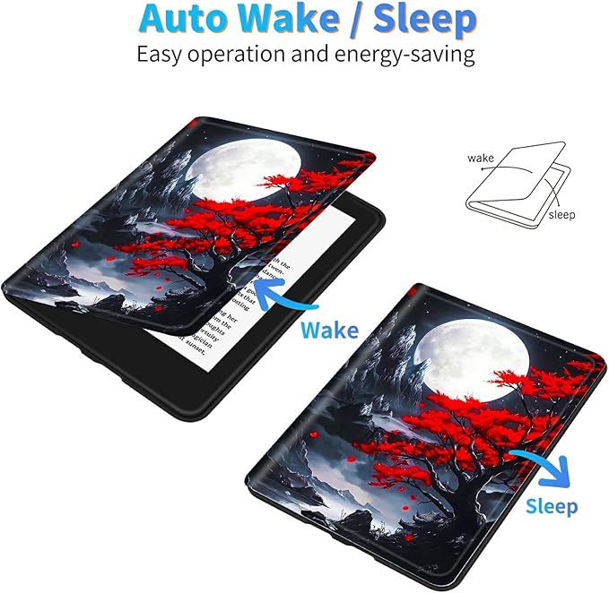 for 6.8" Kindle Paperwhite (11th Generation 2021) and Kindle Paperwhite Signature Edition Case, Slim Kickstand Stand Leather Smart Cover with Auto Wake/Sleep, Red Leaf Moon