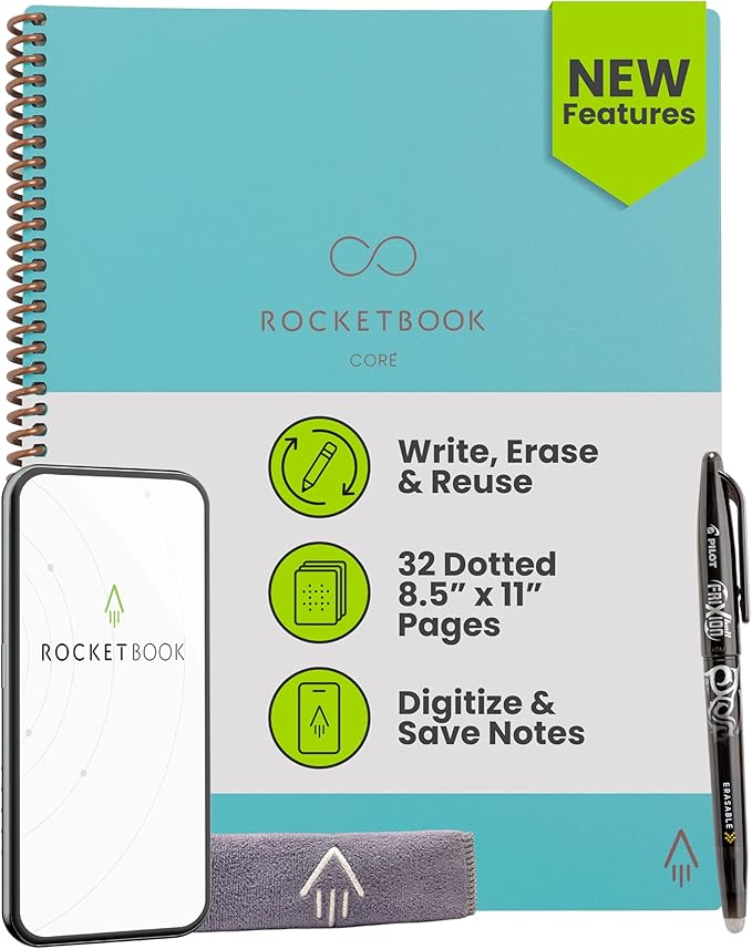 Rocketbook Core Reusable Smart Notebook, Dot Grid Pages For School, Work and Creative Projects, Letter Size 8.5x11, Teal - Premium