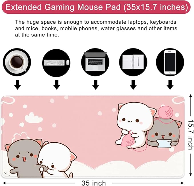 Pink Large Gaming Mouse Pad Kawaii Desk Pad XXL Cute Cat Mouse Mat 35x15.7x0.12 inch Desk Accessories (Pink Cat -2)