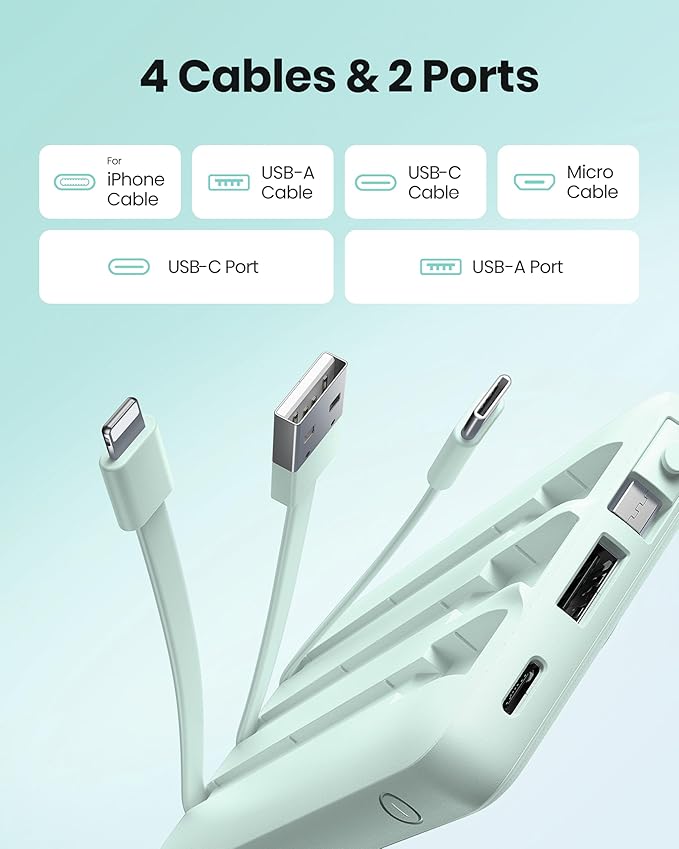 Portable Chargers 10000mAh, Slim Travel Essentials Power Bank, 5 Outputs 2 Inputs LED Display External Battery Pack with Built-in Cables Compatible with iPhone/Android & More (Teal)