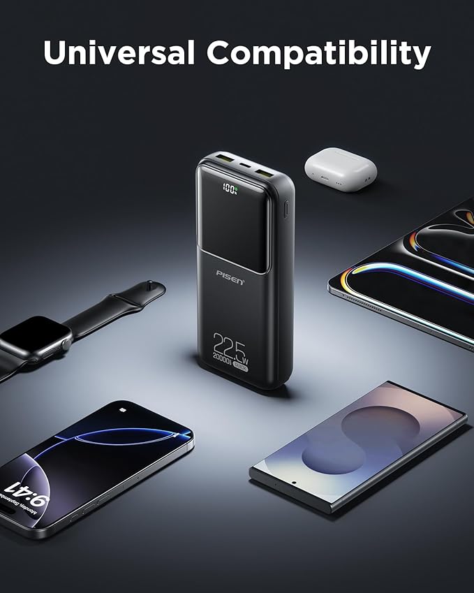 PISEN CCC Certified Power Bank - 20000mAh 22.5W 3C Power Bank, Travel Battery Pack Portable 3C Charger, PD3.0 QC3.0 20000mAh LED Display Portable Charger 2USB-A, 1USB-C for iPhone, Samsung and More