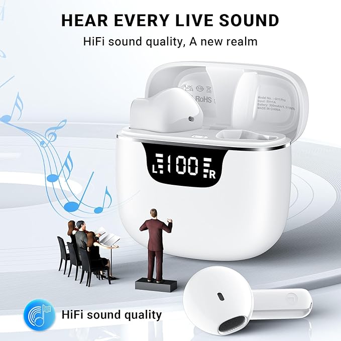 Wireless Earbuds, Bluetooth 5.4 Headphones with 42H Ultralight Ear Buds,Bluetooth Earbuds with 4 ENC Noise Cancelling Mics, HiFi Deep Bass Dual LED Display USB-C, Waterproof Earphones for Android iOS