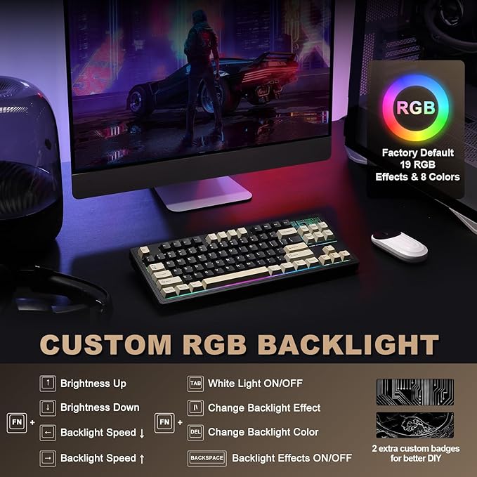 YUNZII YZ87 Gasket Mechanical Keyboard,TKL Wireless Hot Swappable with 5-Layer Padding, BT5.0/2.4G/USB-C NKRO RGB Backlit for Win/Mac (Black, Milk Switch)