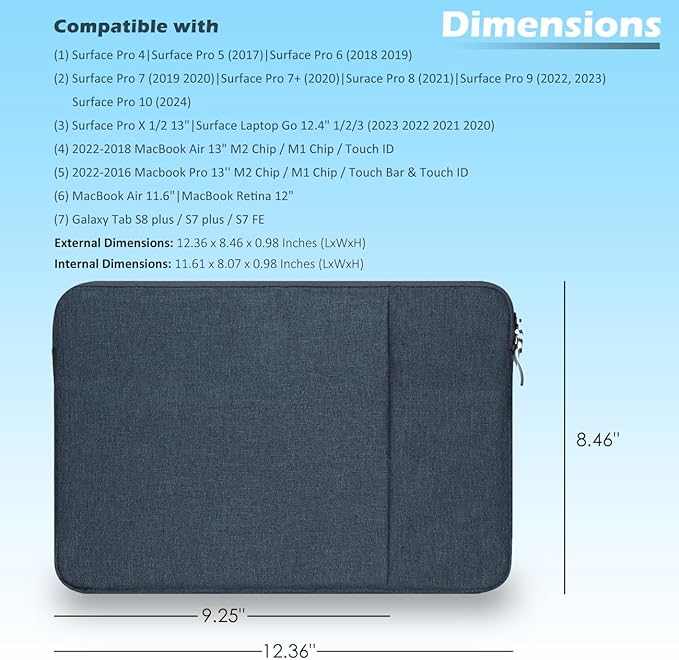 ProElife 12-Inch Laptop Tablet Sleeve Case Cover for 2022-2014 Surface Pro 4/5 / 6/7 / 7+ / 8/9|Surface Laptop Go 1/2/3 12.4"|MacBook Air/Pro 13'' M1|Galaxy Tab S8+/S7+ Bag (Navy Blue)