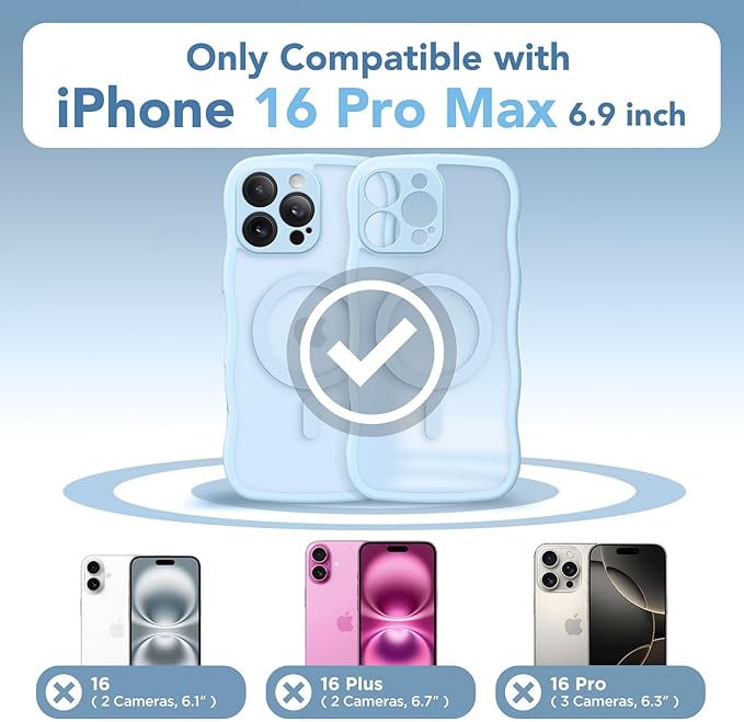 CAPRARO for iPhone 16 Pro Max Case for Women Girls, Upgraded [Full Camera Protection] [Compatible with MagSafe] Cute Wave Translucent Matte Phone Case for iPhone 16 Pro Max, Light Blue