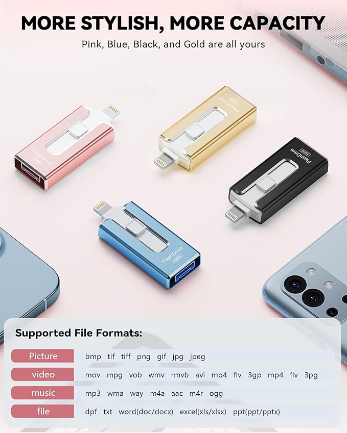 MFi Certified 256GB Flash Drive for iPhone iPad, Photo Stick for External Memory Storage, Easily Back Up and Save Photos Videos, USB Memory Stick Thumb Drive for iPhone/iPad/Android/PC(Rose Pink)